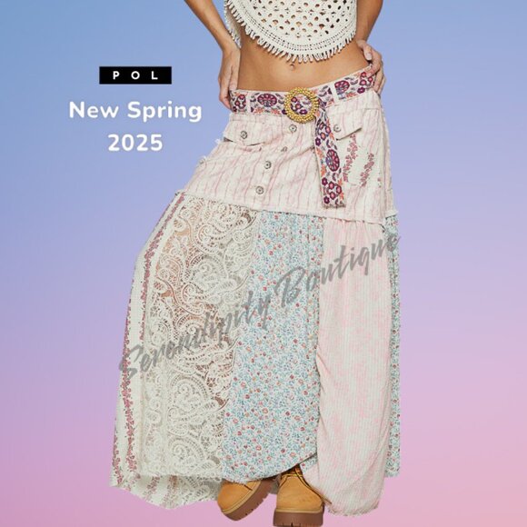 POL Dresses & Skirts - POL New for Spring 2025 Pink Denim Floral Lace 100% Cotton Baggy Maxi Skirt